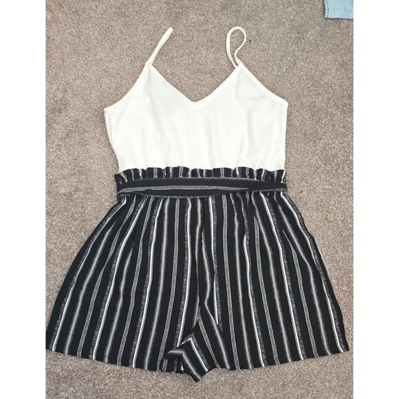 Polly & Esther Striped Black & White Sleeveless Romper With Adjustable Waist Tie - Picture 2 of 8